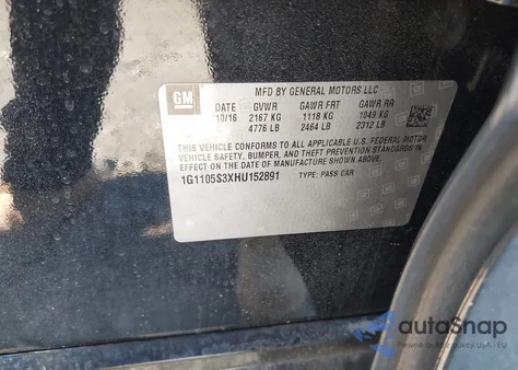 2017 Chevrolet Impala 1Lt из США, поврежденный, VIN 1G1105S3XHU152891